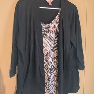 Chic Black Cardigan with Vibrant Patterned Top